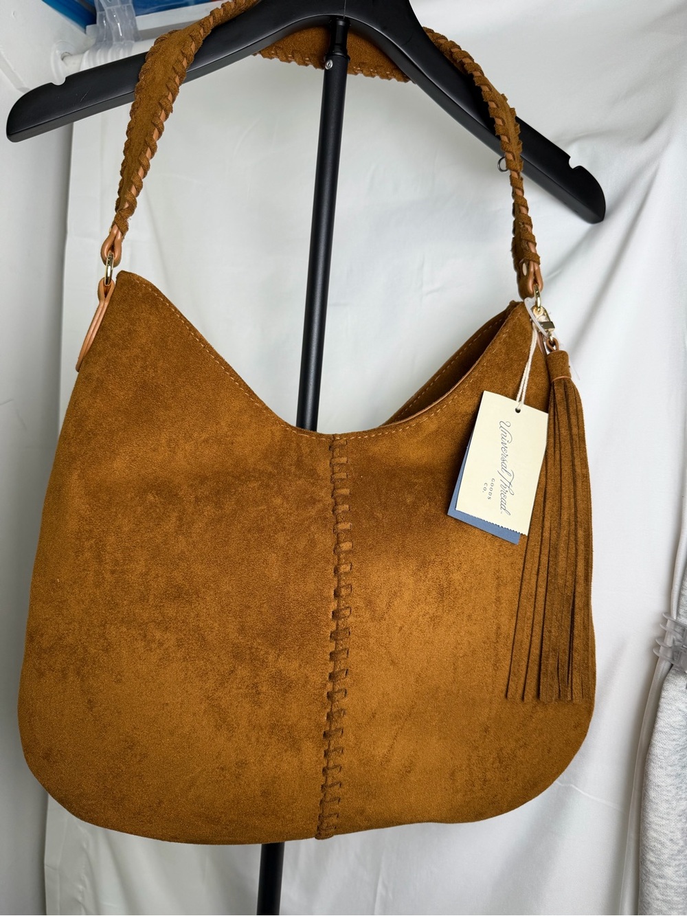 Universal Thread Cognac Suede Braided-Handle Hobo Shoulder Bag with Tassel